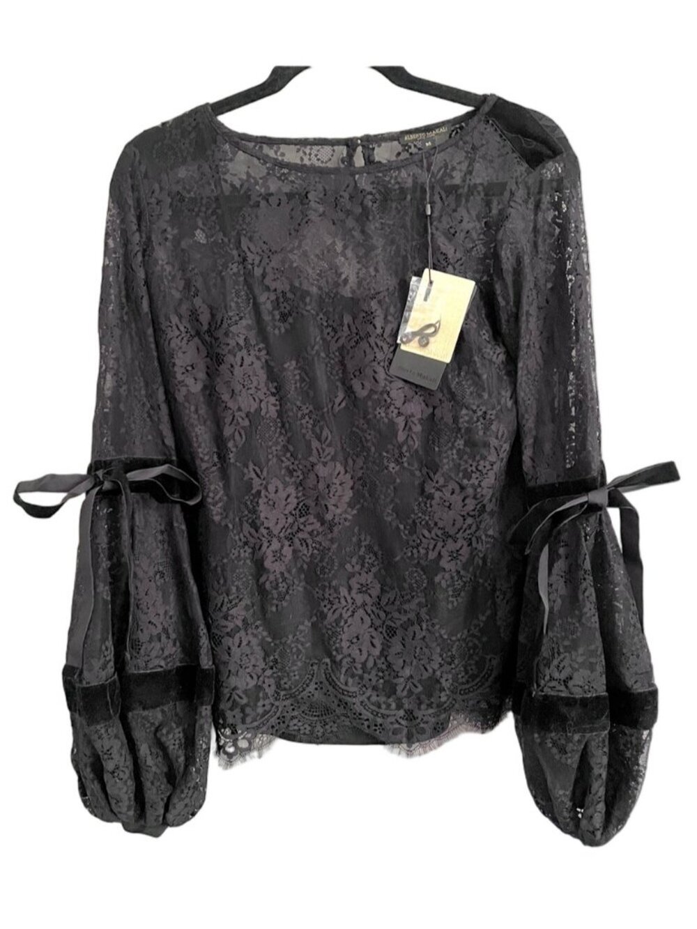 Alberto Makali Black Sheer Lace Velvet Trim Lantern Sleeve Top - Medium - Picture 14 of 15